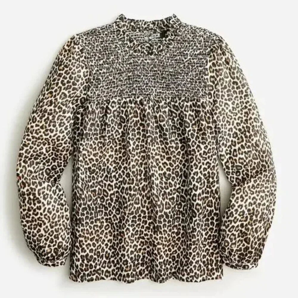 J.Crew Leopard Print Smocked Button-Back Blouse (Size XS)